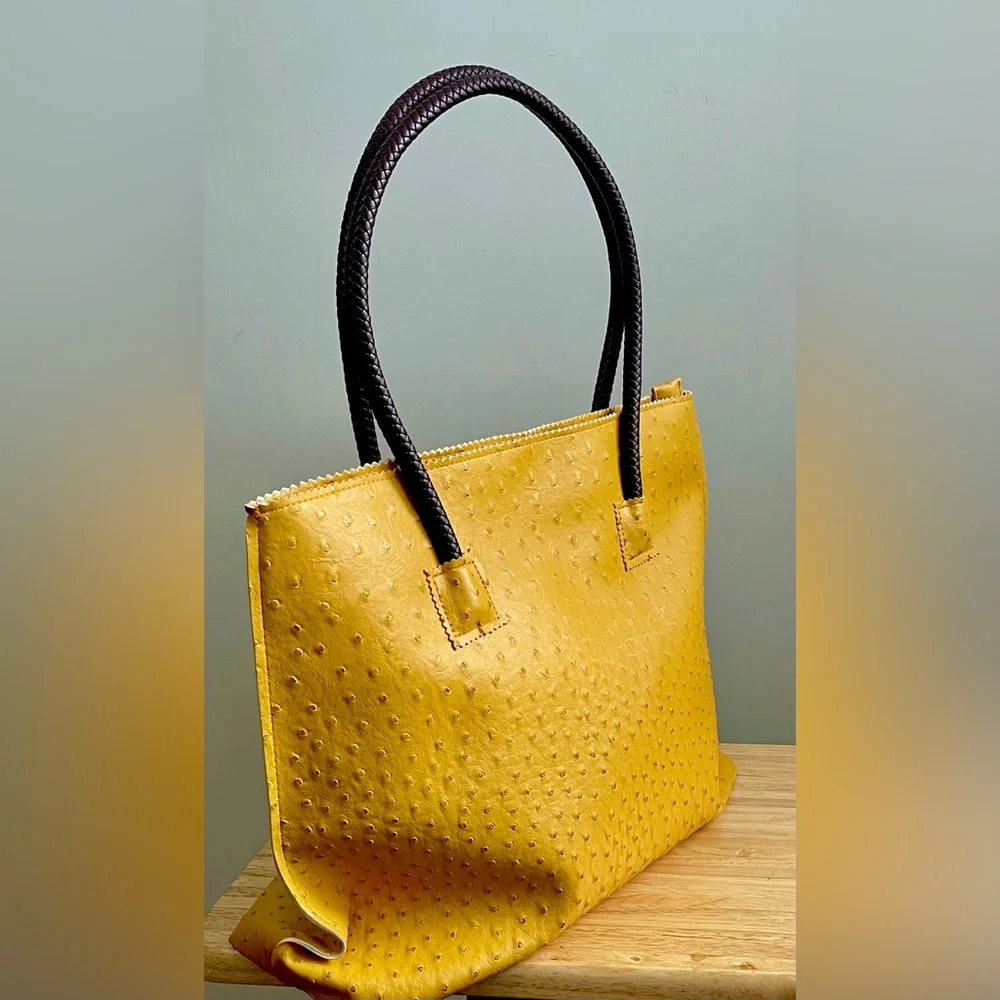 Chic Yellow Ostrich Embossed Textured Tote Bag - Picture 2 of 5